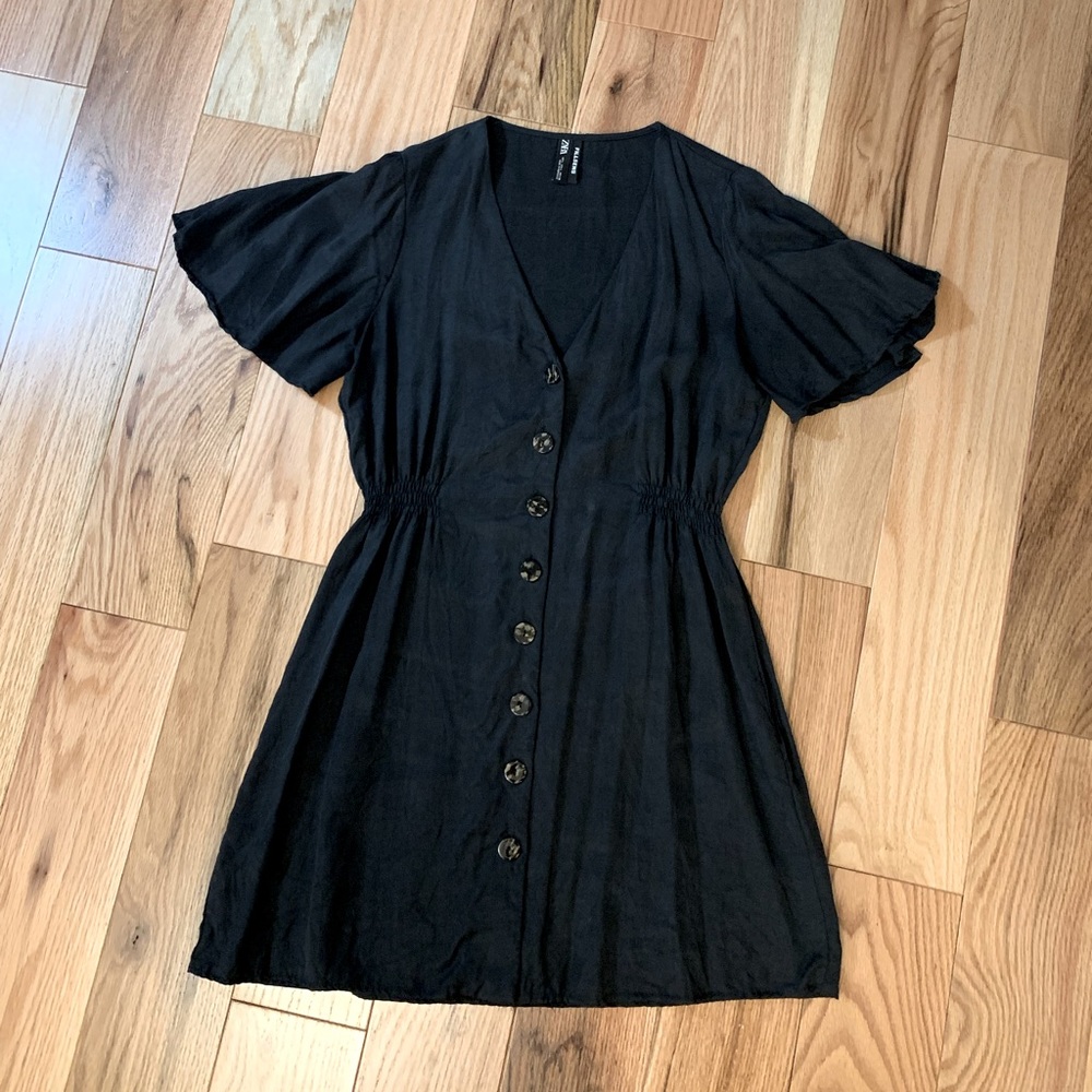 Zara black fit & flare mini dress with turtle shell buttons.